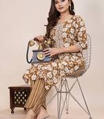 Beige printed cotton blend kurta pant set