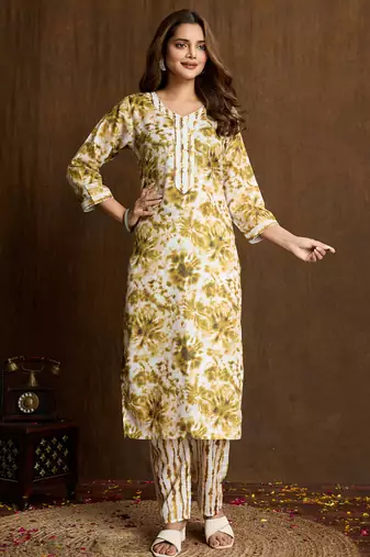 Cream printed cotton blend kurta pant set