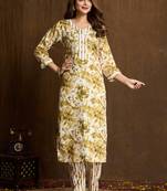 Cream printed cotton blend kurta pant set