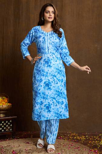 Sky blue printed cotton blend kurta pant set