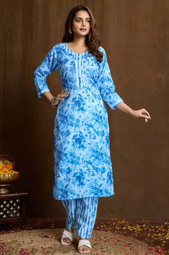 Sky blue printed cotton blend kurta pant set