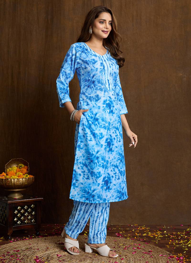 Sky blue printed cotton blend kurta pant set