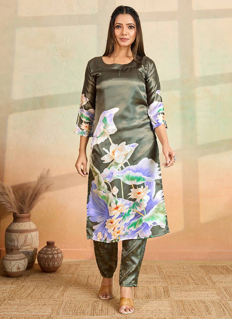 Olive printed cotton reyon kurta pant set