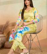 Light yellow printed cotton reyon kurta pant set