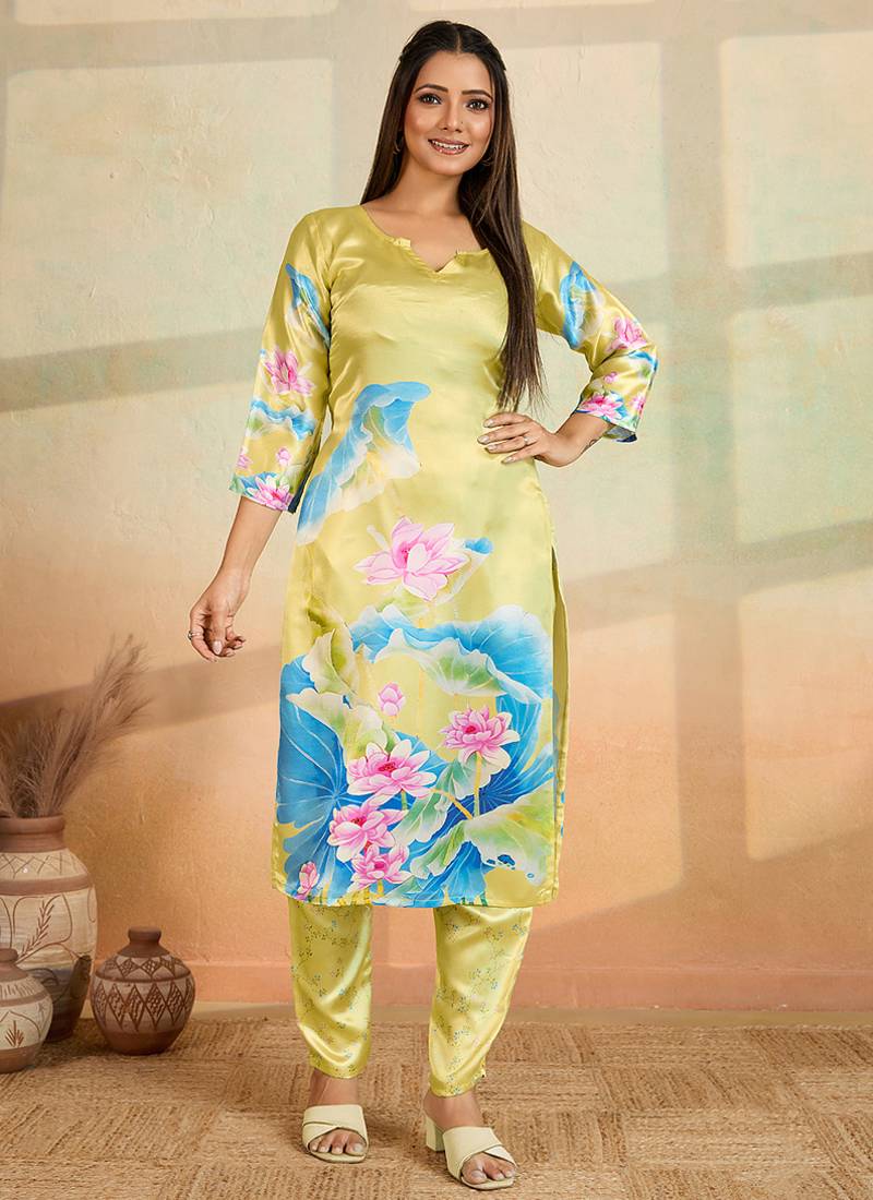 Light yellow printed cotton reyon kurta pant set