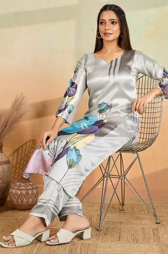 Light grey printed cotton reyon kurta pant set