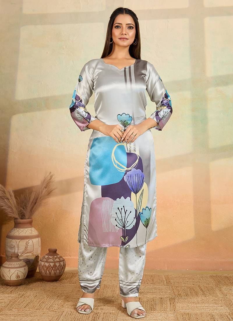 Light grey printed cotton reyon kurta pant set