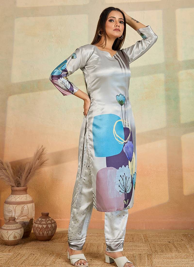 Light grey printed cotton reyon kurta pant set