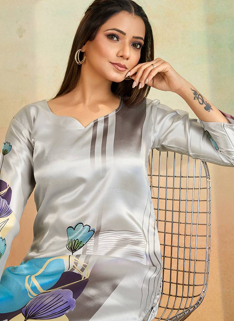 Light grey printed cotton reyon kurta pant set