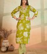 Parrot green printed cotton blend kurta pant set