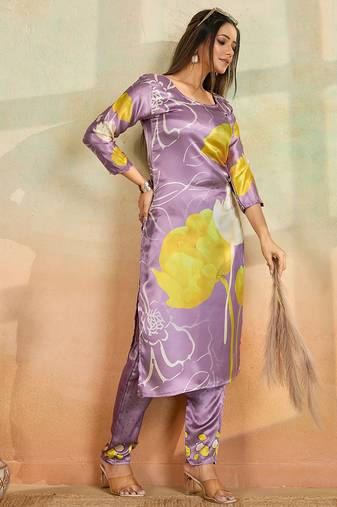 Light lavender printed cotton reyon kurta pant set