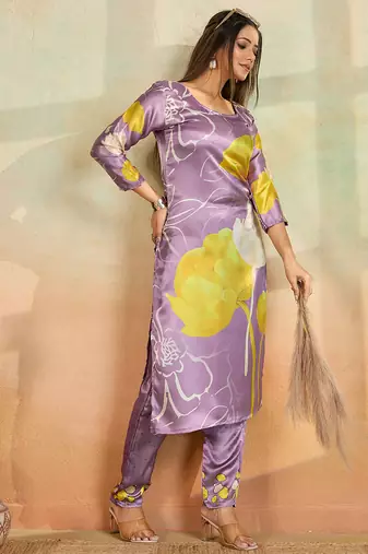 Light lavender printed cotton reyon kurta pant set