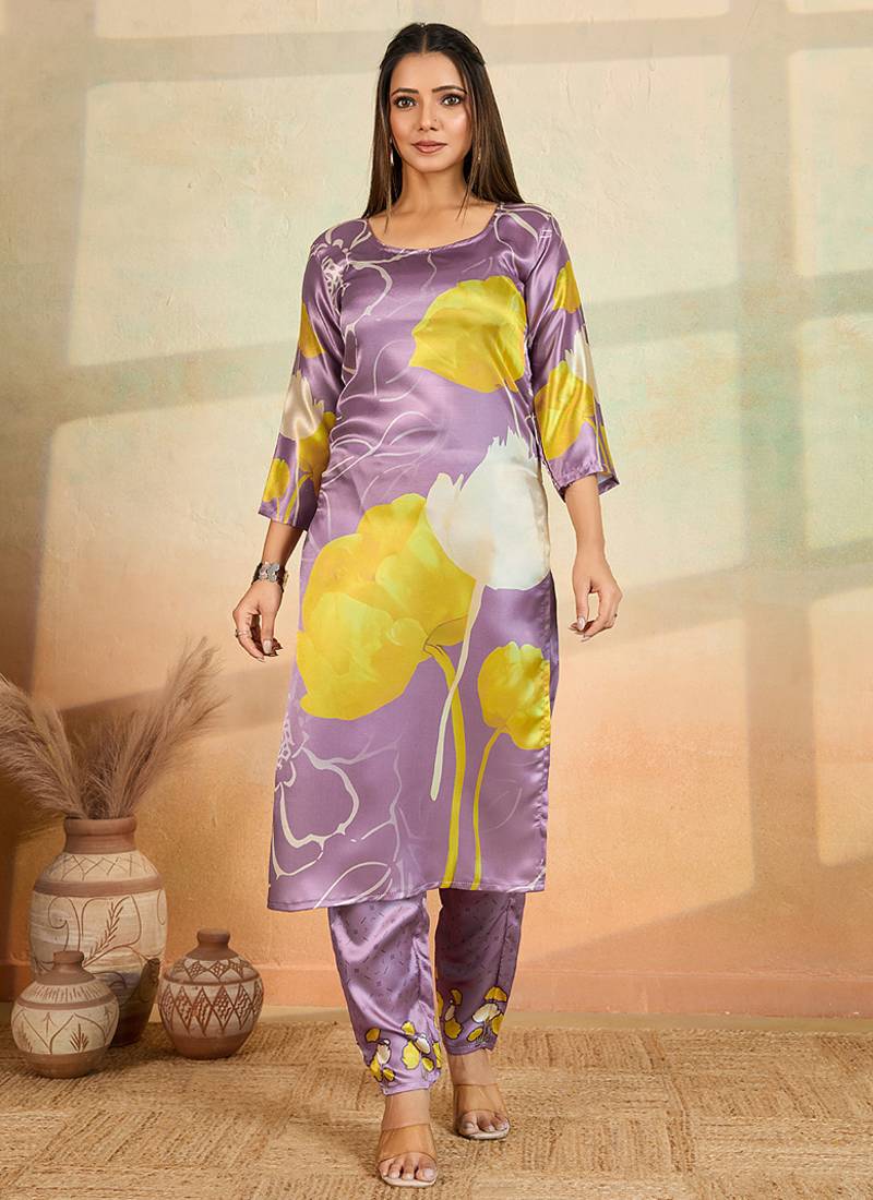Light lavender printed cotton reyon kurta pant set