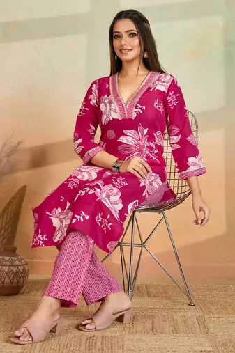 Pink printed cotton blend kurta pant set