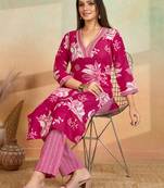 Pink printed cotton blend kurta pant set