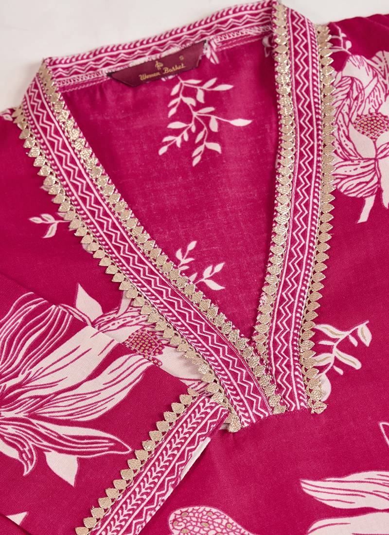 Pink printed cotton blend kurta pant set