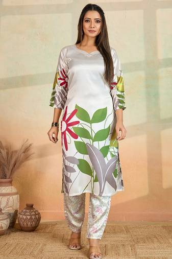 Off white printed cotton reyon kurta pant set