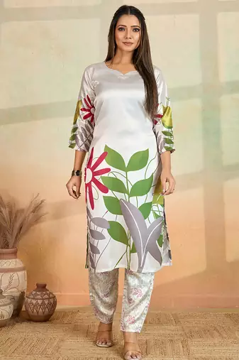 Off white printed cotton reyon kurta pant set