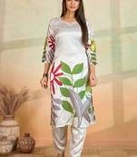 Off white printed cotton reyon kurta pant set