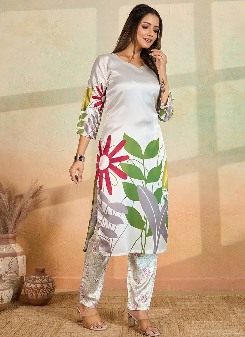 Off white printed cotton reyon kurta pant set