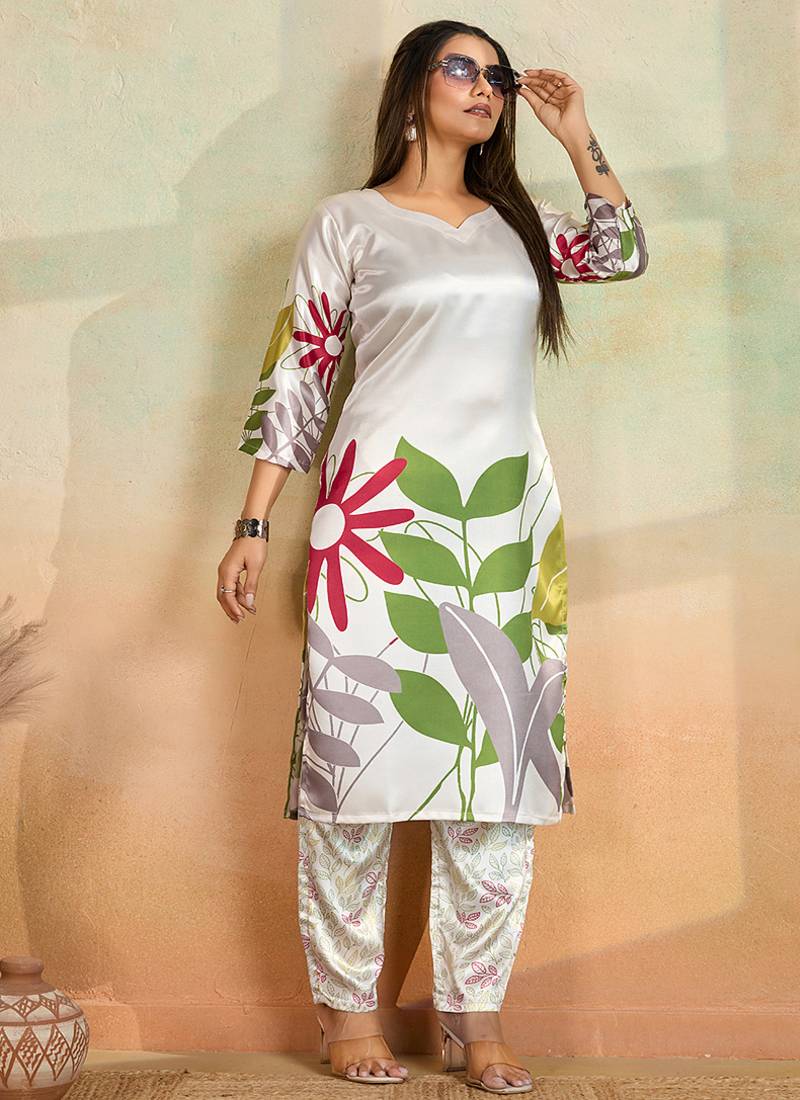 Off white printed cotton reyon kurta pant set