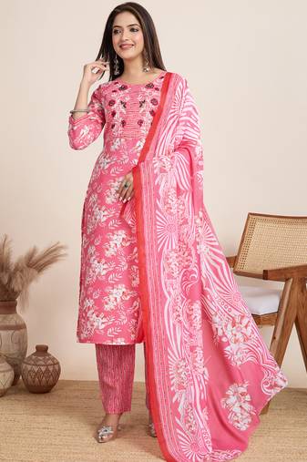 Light pink printed cotton blend festival wear salwar suit