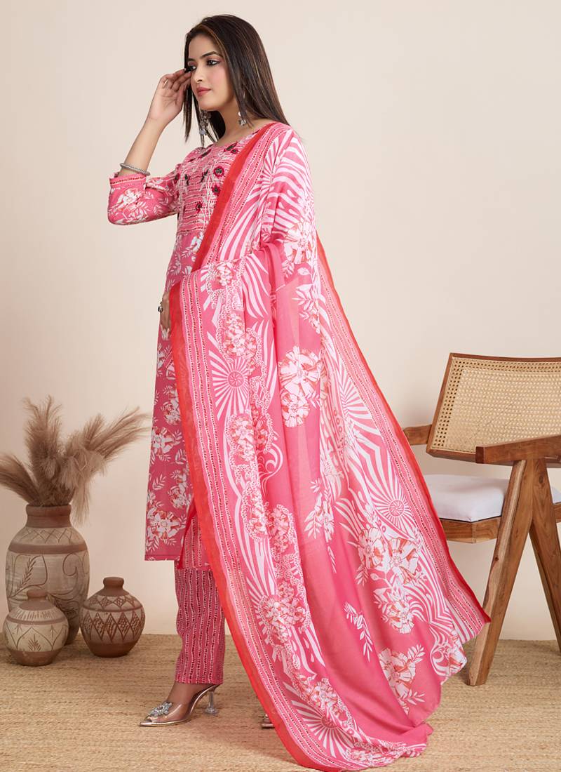 Light pink printed cotton blend festival wear salwar suit