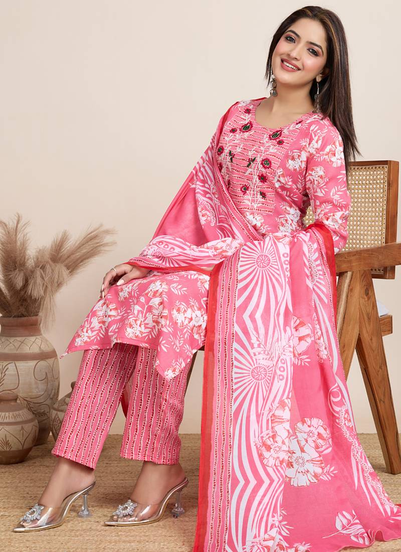 Light pink printed cotton blend festival wear salwar suit