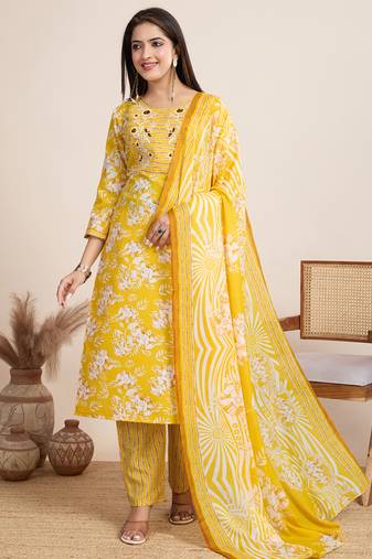 Yellow printed cotton blend festival wear salwar suit