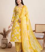 Yellow printed cotton blend festival wear salwar suit