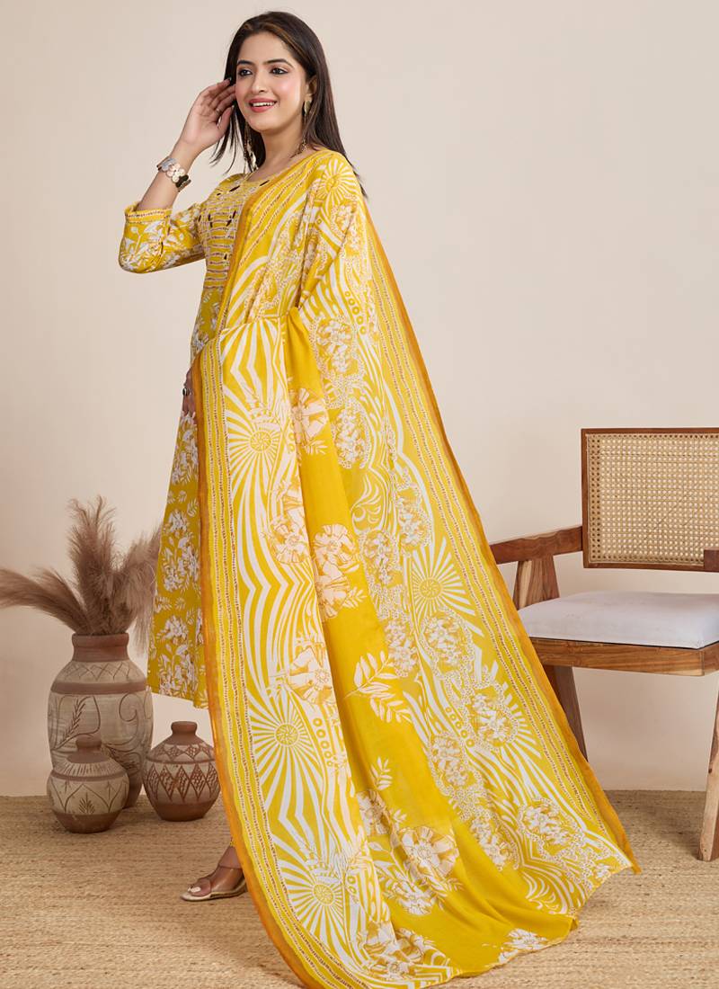 Yellow printed cotton blend festival wear salwar suit