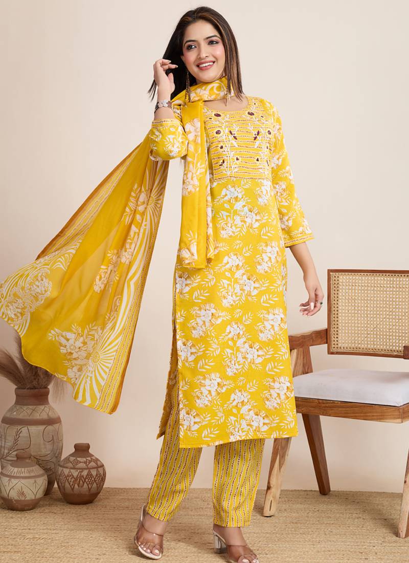 Yellow printed cotton blend festival wear salwar suit