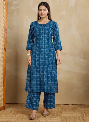 Blue printed cotton blend kurta pant set 1