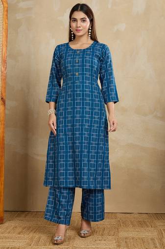 Blue printed cotton blend kurta pant set