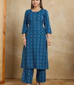 Blue printed cotton blend kurta pant set