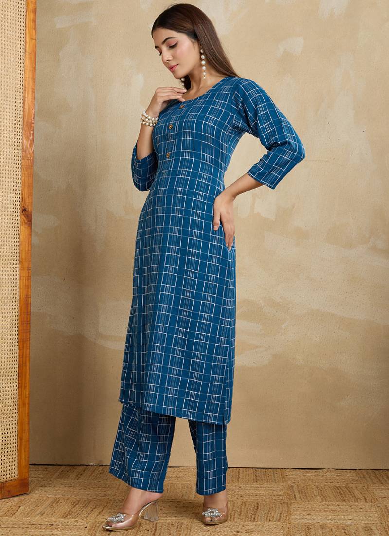Blue printed cotton blend kurta pant set