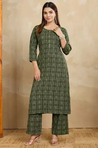 Green printed cotton blend kurta pant set