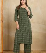 Green printed cotton blend kurta pant set