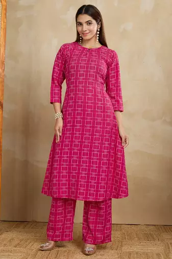 Pink printed cotton blend kurta pant set