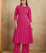 Pink printed cotton blend kurta pant set
