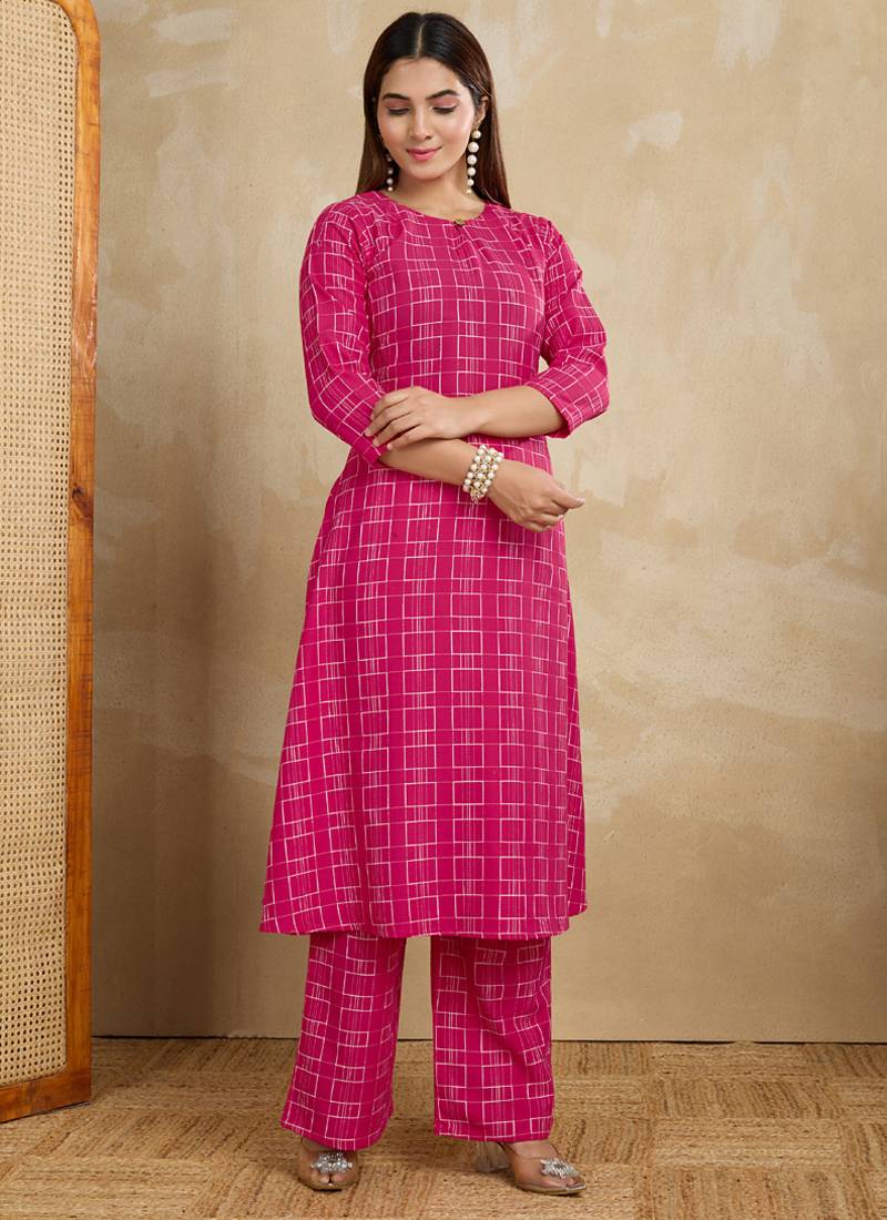 Pink printed cotton blend kurta pant set