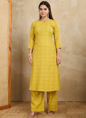 Yellow printed cotton blend kurta pant set 1