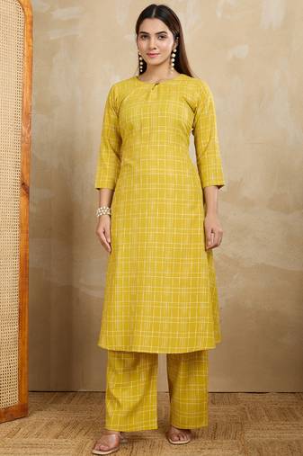 Yellow printed cotton blend kurta pant set