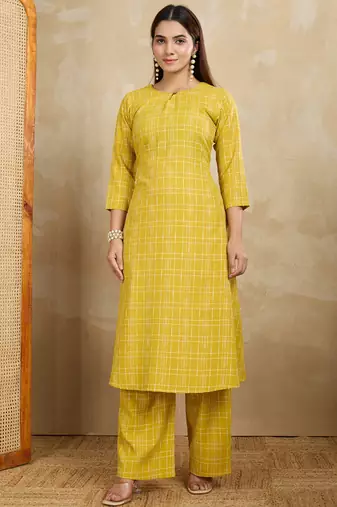 Yellow printed cotton blend kurta pant set