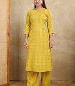 Yellow printed cotton blend kurta pant set