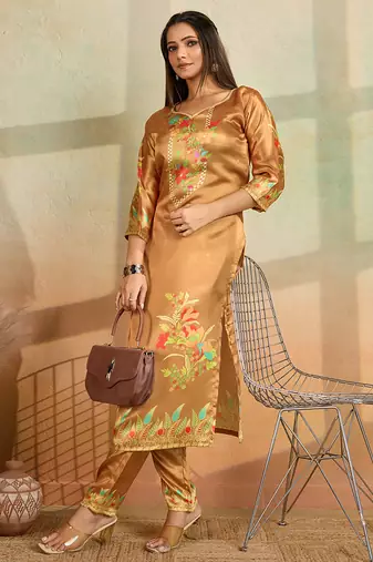 Mustard printed cotton reyon kurta pant set