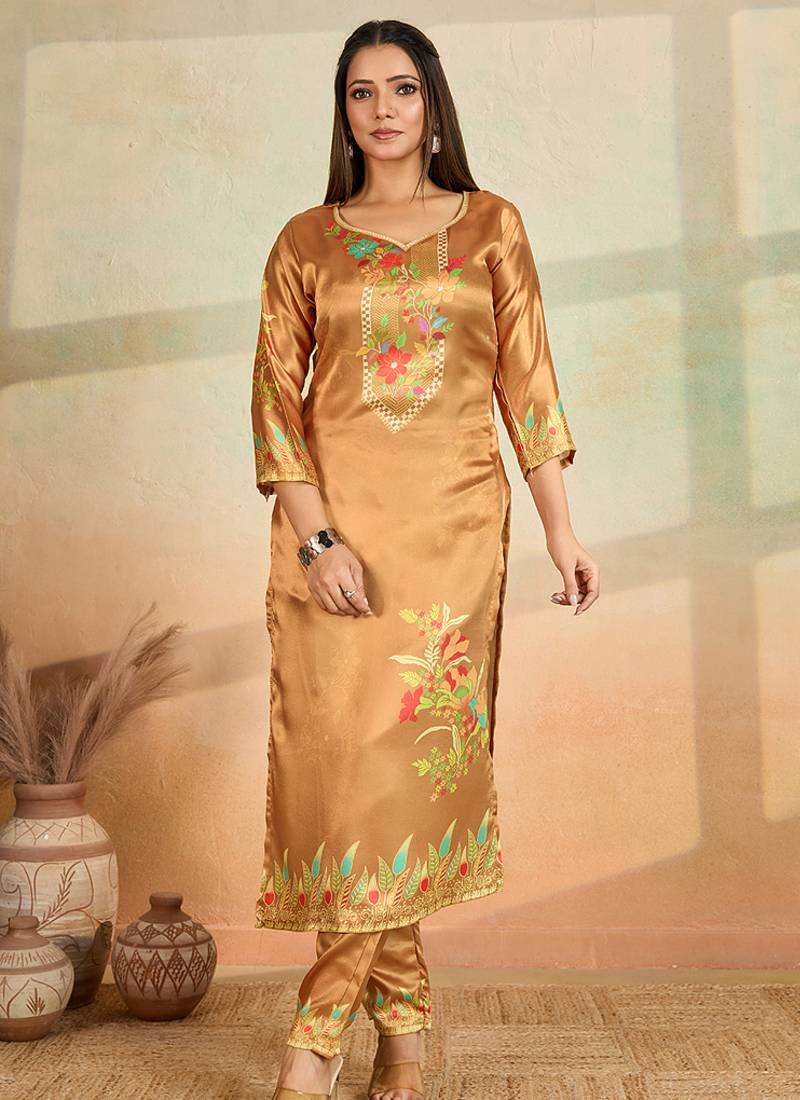 Mustard printed cotton reyon kurta pant set