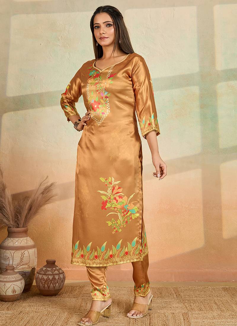 Mustard printed cotton reyon kurta pant set