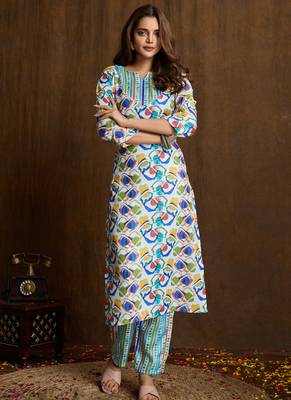 Multi color printed cotton blend kurta pant set 1