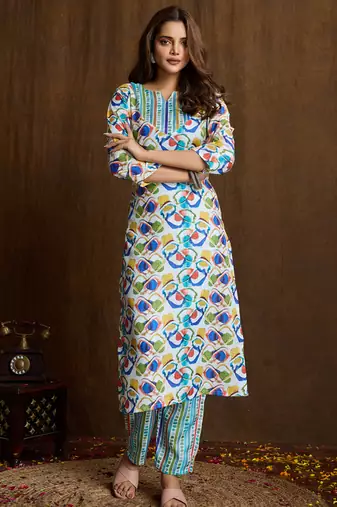 Multi color printed cotton blend kurta pant set